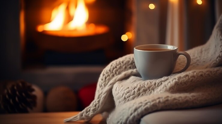 Photo a cup of coffee sits on a table next to a fireplace