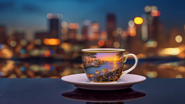 A cup of coffee sits on a table in front of a city skyline.