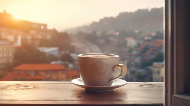 A cup of coffee sits on a table in front of a cityscape.