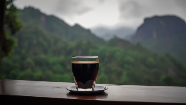 A cup of coffee sits on a table in front of a mountain.