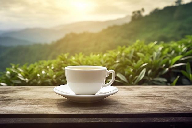 A cup of coffee sits on a table in front of a mountain