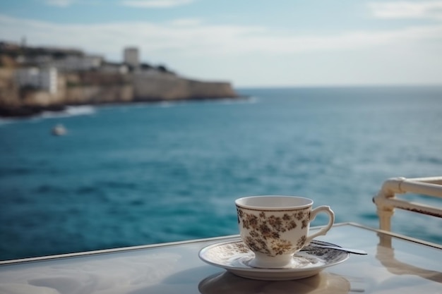 A cup of coffee sits on a table in front of a sea view