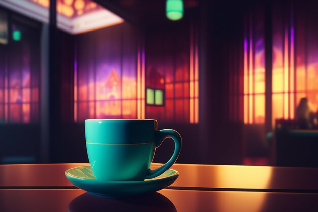 A cup of coffee sits on a table in front of a stained glass window.