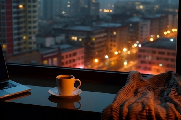 A cup of coffee sits on a table in front of a window with a cityscape in the background