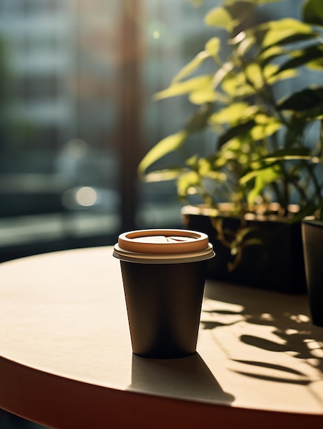 a cup of coffee sits on a table in front of a window