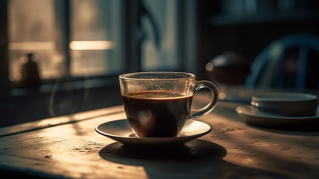 A cup of coffee sits on a table in front of a window.