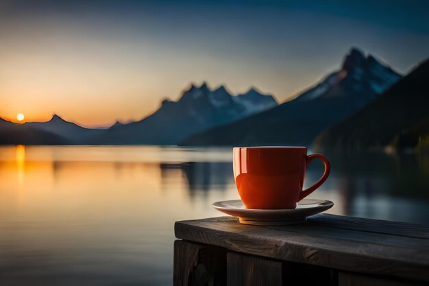 a cup of coffee sits on a table next to a lake