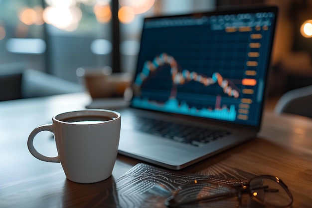 A cup of coffee sits on a table next to a laptop