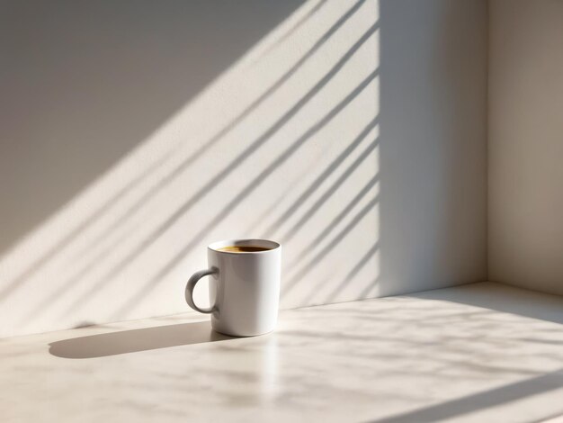 Cup of coffee sits on table near window creating serene and inviting atmosphere