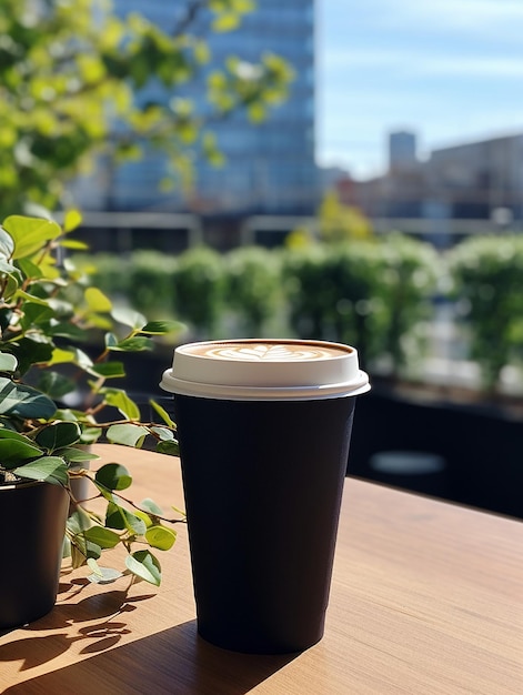 a cup of coffee sits on a table outside