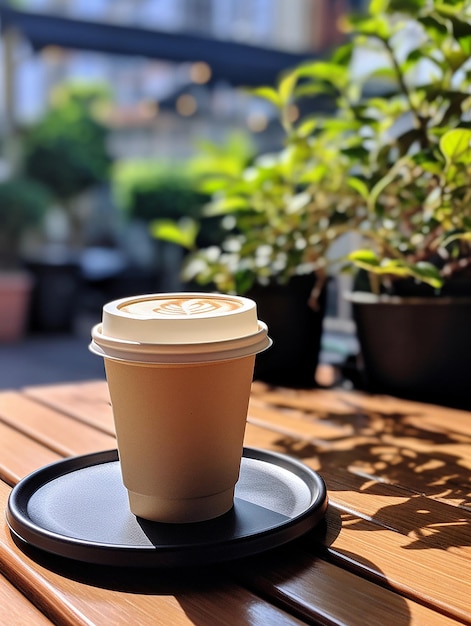 a cup of coffee sits on a table outside