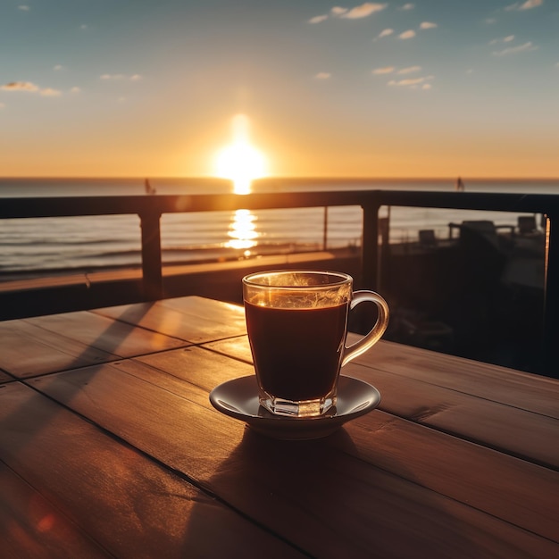 A cup of coffee sits on a table overlooking the ocean.