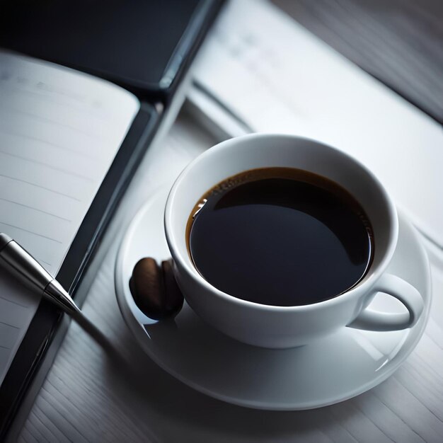 A cup of coffee sits on a table next to a pen and a pen