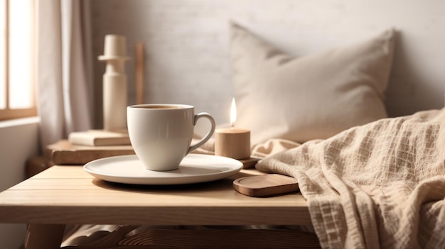 a cup of coffee sits on a table next to a plate of coffee