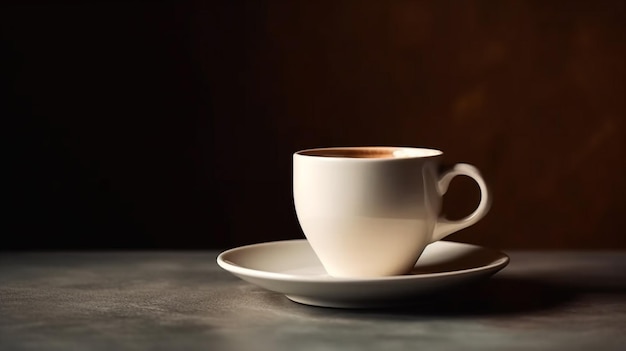 A cup of coffee sits on a table next to a plate with the word coffee on it.