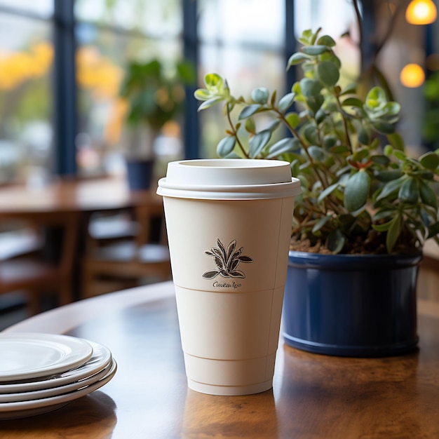 a cup of coffee sits on a table next to a potted plant.