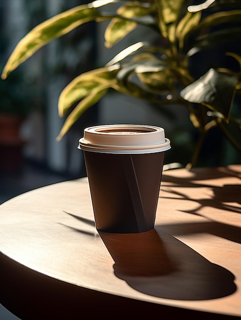 コーヒーのカップが太陽の下のテーブルに座っている