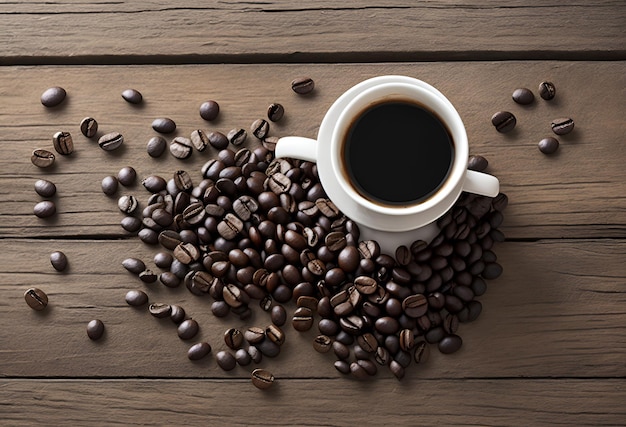 A cup of coffee sits on a table surrounded by coffee beans.