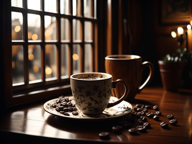 A cup of coffee sits on a table next to a window with a plant on it.