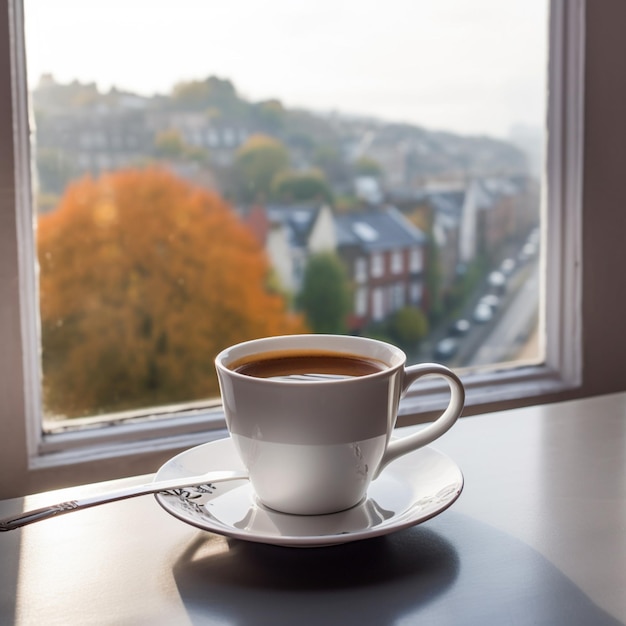A cup of coffee sits on a table next to a window with a view of a city in the background.