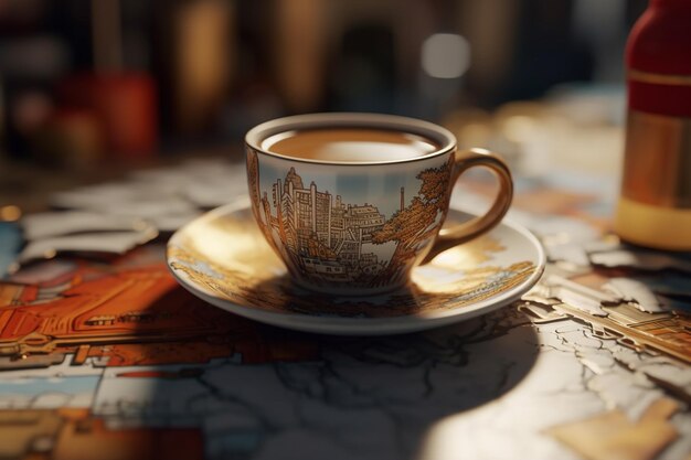 A cup of coffee sits on a table with a book on it.