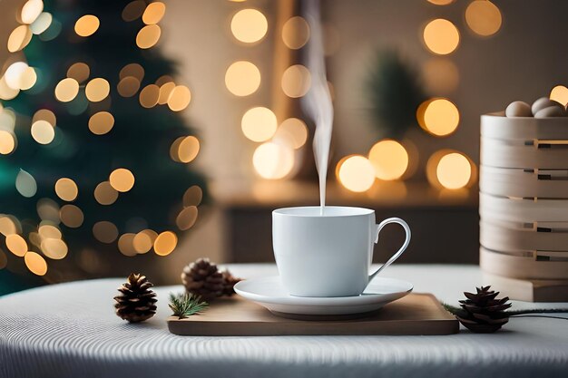 чашка кофе сидит на столе с рождественской елкой на заднем плане.