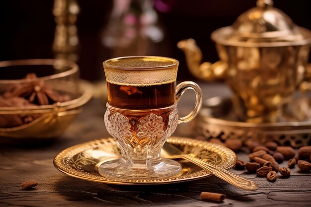 A cup of coffee sits on a table with coffee beans on the table.