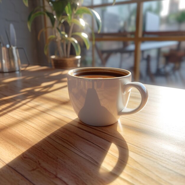 A cup of coffee sits on a table with a plant in the background