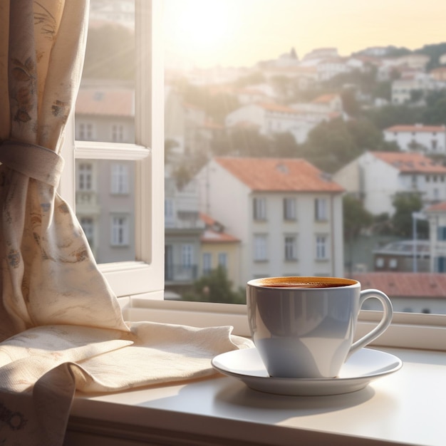 A cup of coffee sits on a white saucer next to a window with a view of a city.