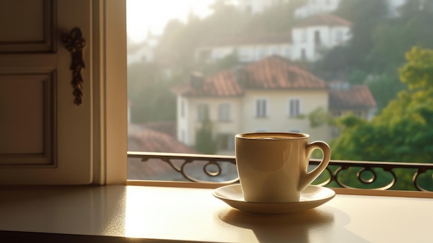 A cup of coffee sits on a window sill in a sunny day.