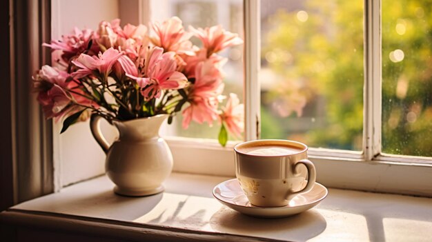 一杯のコーヒーが花瓶の隣の窓枠に置かれています