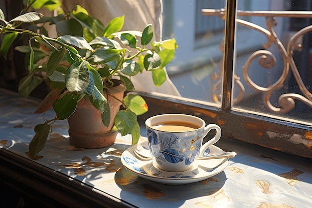 Чашка кофе сидит на подоконнике рядом с горшечным растением в теплом солнечном свете воскресенья днем Сцена спокойная и привлекательная идеально подходит для расслабляющегося дня