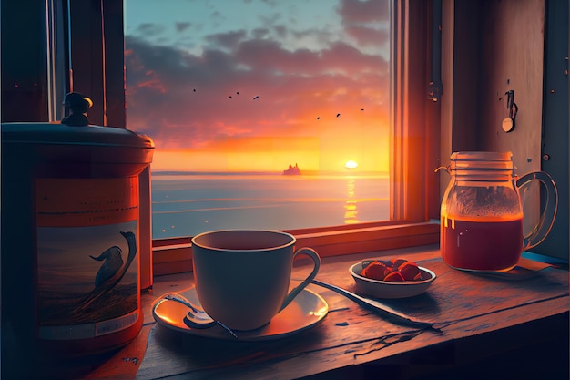 A cup of coffee sits on a windowsill with a sunset in the background.