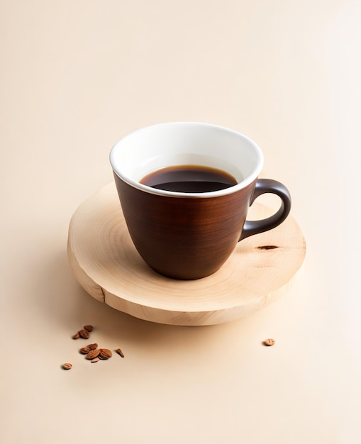 A cup of coffee sits on a wooden plate with a few pieces of coffee beans scattered around it.