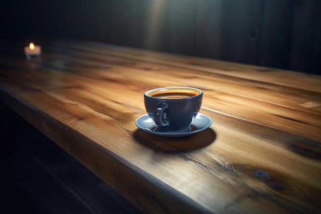 A cup of coffee sits on a wooden table in a dark room.