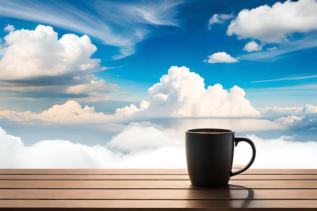 A cup of coffee sits on a wooden table in front of a cloudy sky.