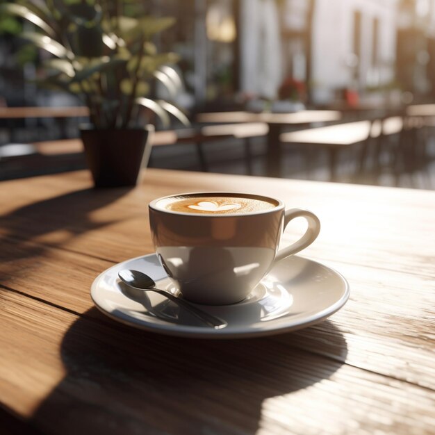 A cup of coffee sits on a wooden table in front of a plant.