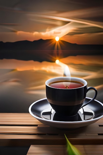 A cup of coffee sits on a wooden table in front of a sunset.
