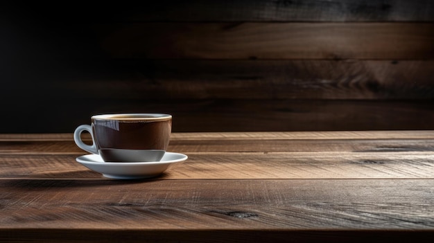 A cup of coffee sits on a wooden table with a light on it.