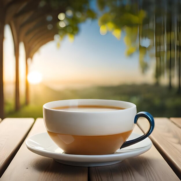 A cup of coffee sits on a wooden table with a vine in the background.