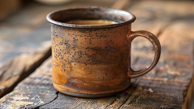 Photo a cup of coffee sits on a wooden table