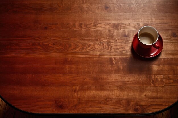 a cup of coffee sits on a wooden table.