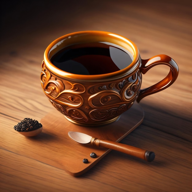 A cup of coffee sits on a wooden tray with a spoon on it.