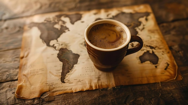 Photo a cup of coffee sits on a world map the coffee is steaming and the cup is brown the map is old and yellowed the background is a wooden table