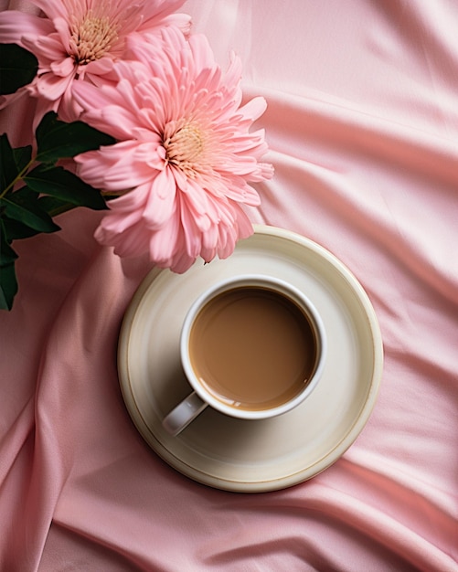 Cup of Coffee Sitting Near a Pink Flower