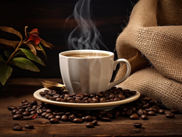 Cup of coffee sitting on a saucer with coffee beans