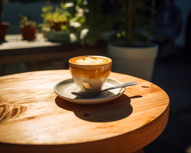 A cup of coffee sitting on a saucer on a wooden table A cup of coffee on a rustic wooden table