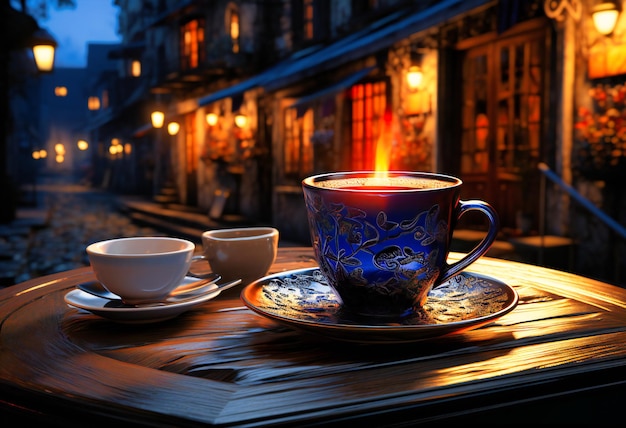 a cup of coffee sitting on a table in dark night time