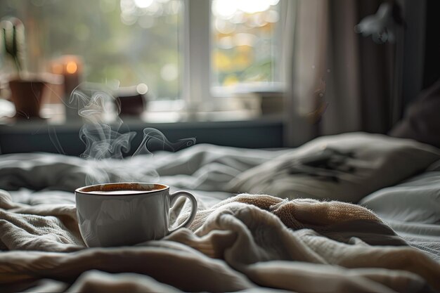 ベッドの上に座っているコーヒーのカップ