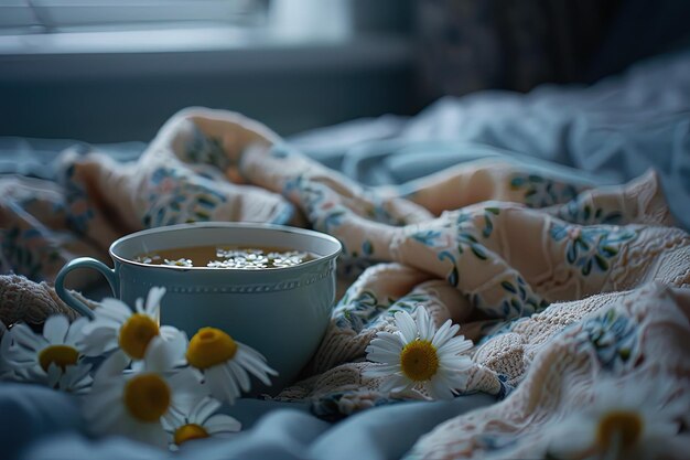 침대 위에 앉아 있는 커피 한 잔